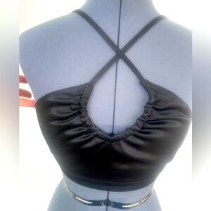 Social-Work Black Satin Crop Top Size 34 Crisscross Back Ruched Bust Bralette
